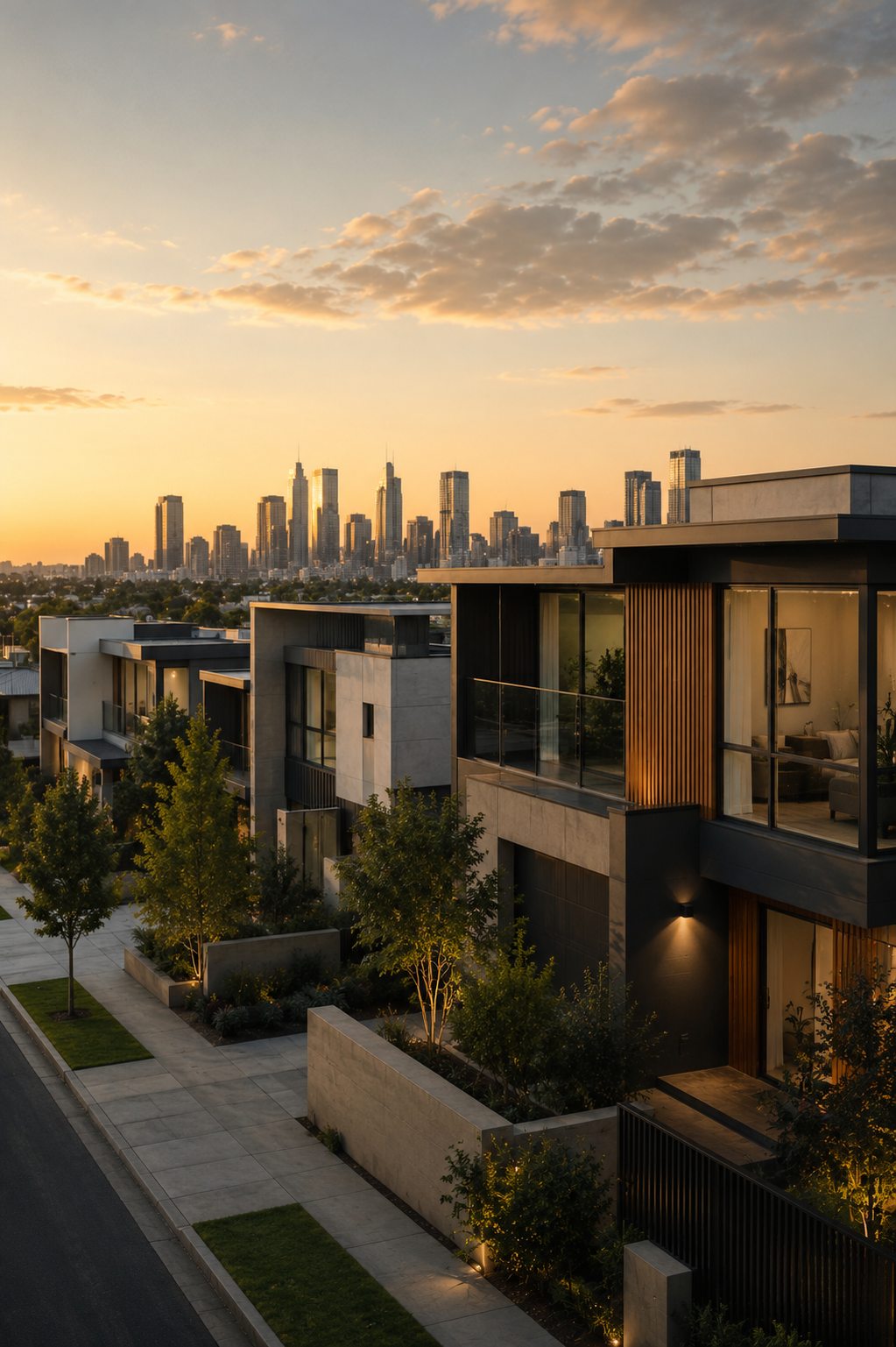 Modern Melbourne townhouses with the city skyline at golden hour
