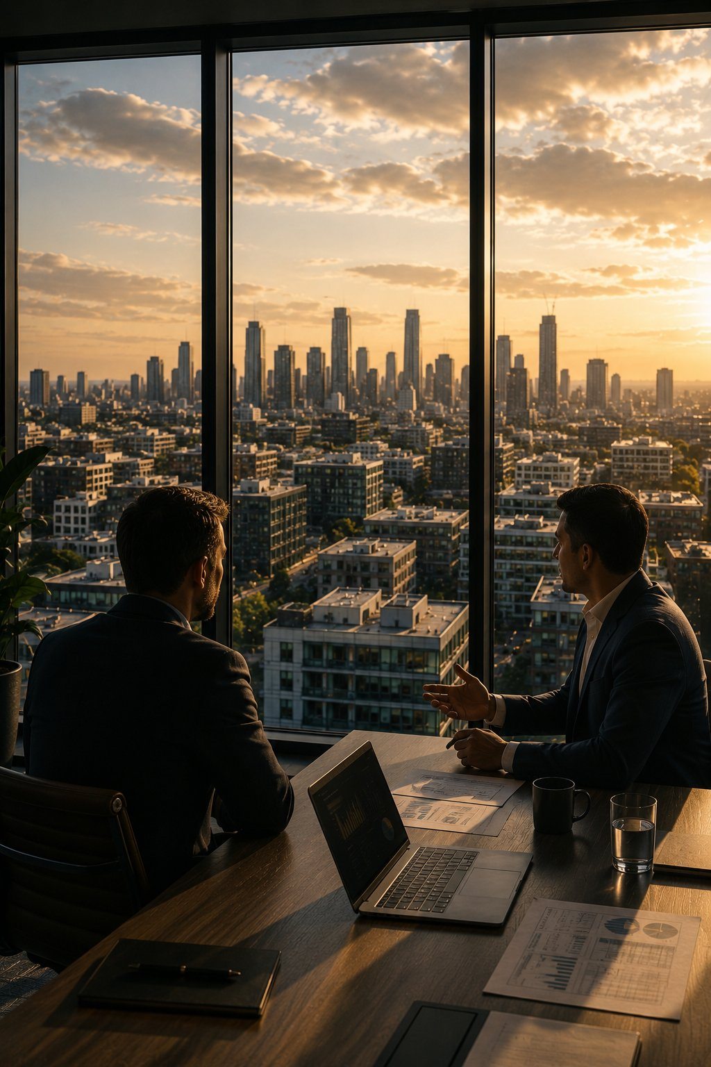 Rome Financial advisory meeting overlooking the city skyline at sunset